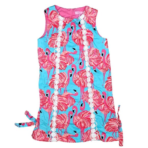 Lilly Pulitzer Southern Charm Shift Dress Flamingo pink blue lace accent Size 8 - Picture 1 of 4